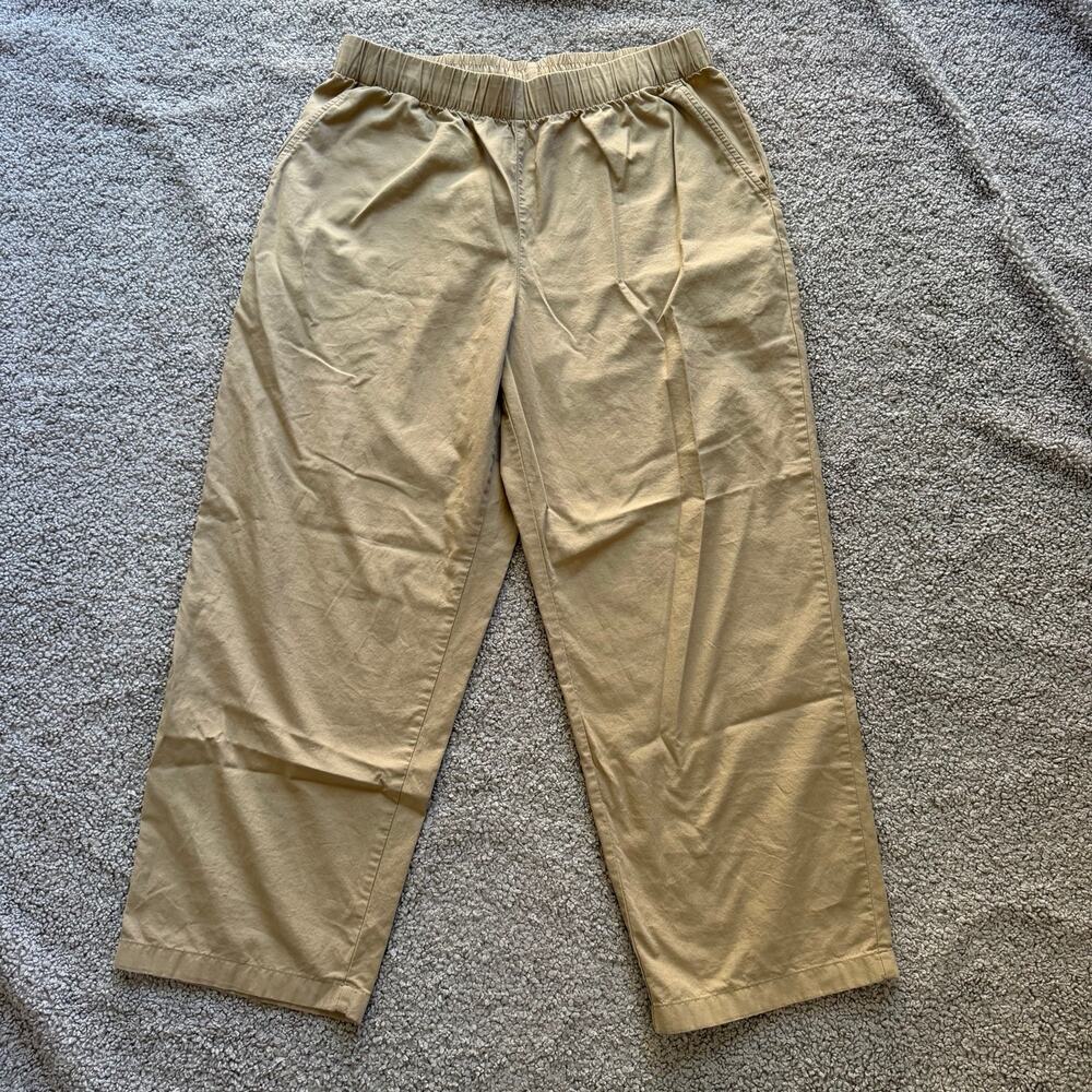 UNIQLO Women’s 100% Cotton Relaxed Ankle Pants Beige Sz L Casual Pull On Elastic